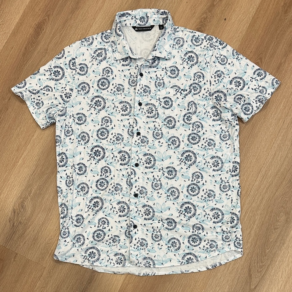 Travis Mathew White Short-Sleeve Button-Down with Blue Floral Print